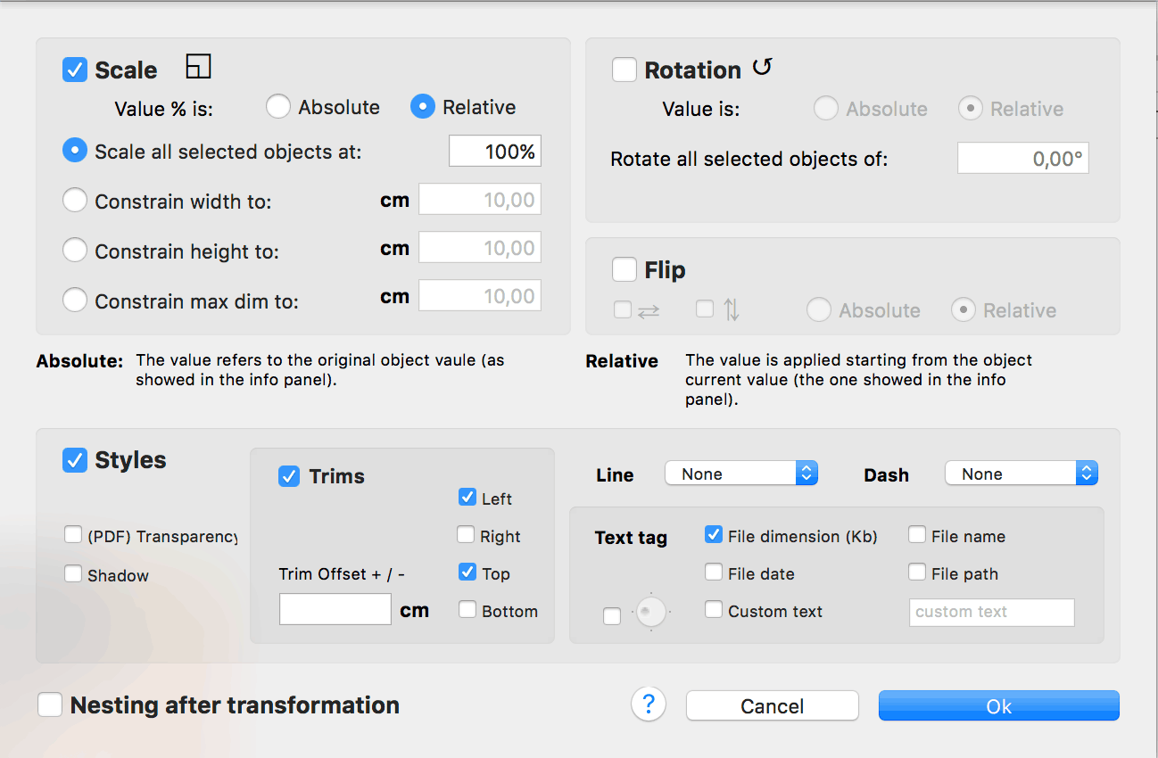 Transform dialog