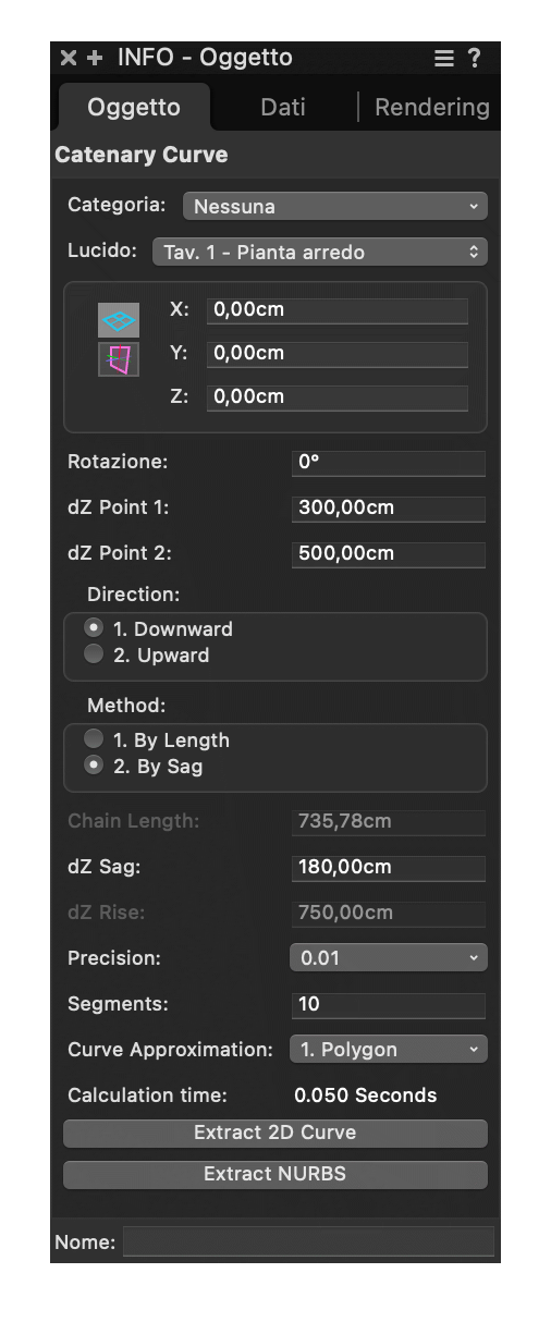 Catenary Curve plugin info panel