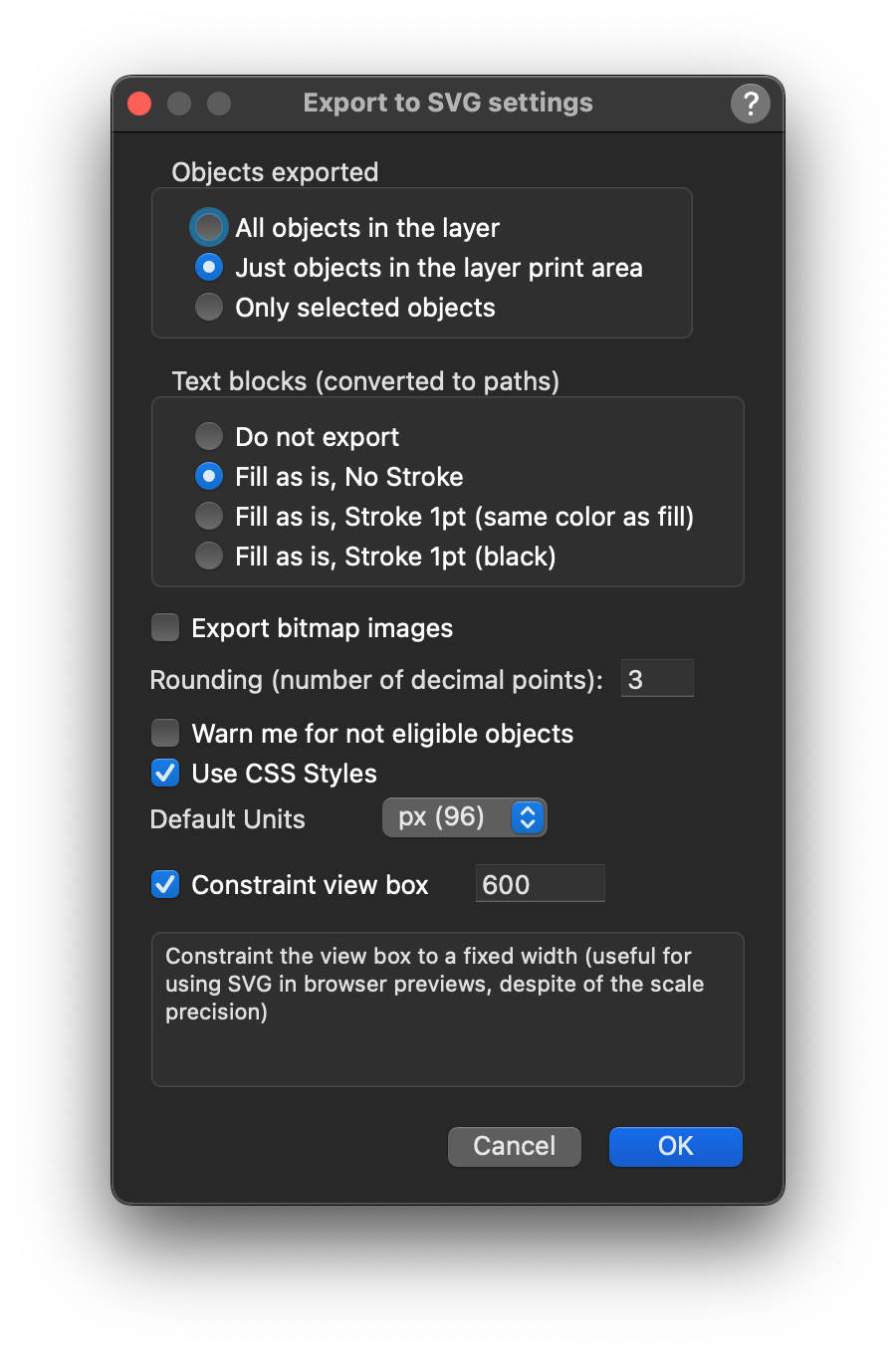 export to SVG settings dialog version 2025