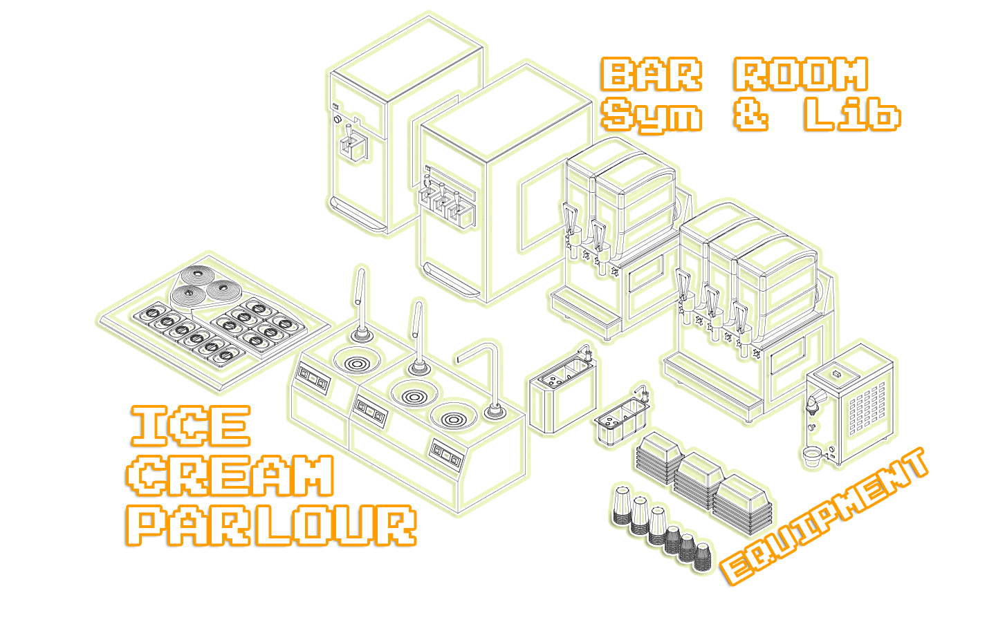 Bar room symbols and libraries: Ice cream parlour equipment